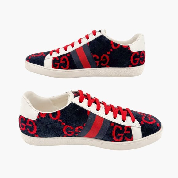 Gucci Ace Sneakers EU 38 US 8 Navy Blue & Red GG Monogram Corduroy Low Top Shoe - Picture 10 of 12